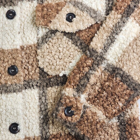Zenana Sherpa Shacket Size S Brown Tan Beige Block Plaid Side Front Pockets Fall - Picture 2 of 11